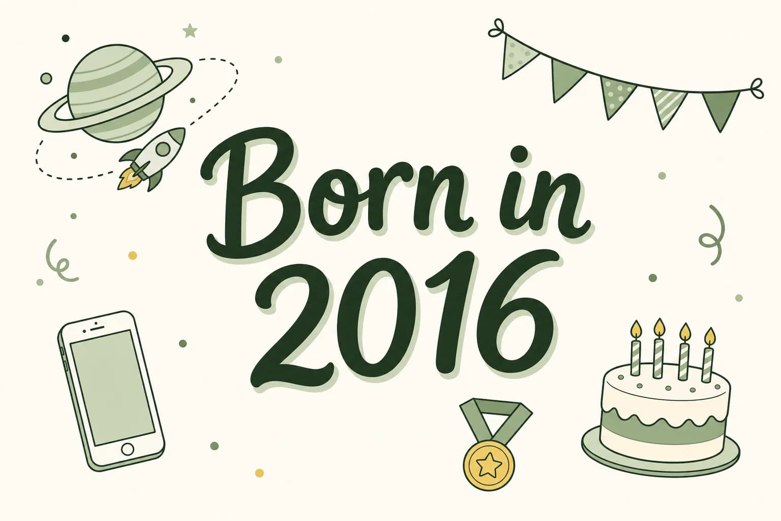 Born in 2016 lettered among cartoon icons of a spacecraft orbiting a giant planet, a smartphone, a medal on a ribbon and a birthday cake