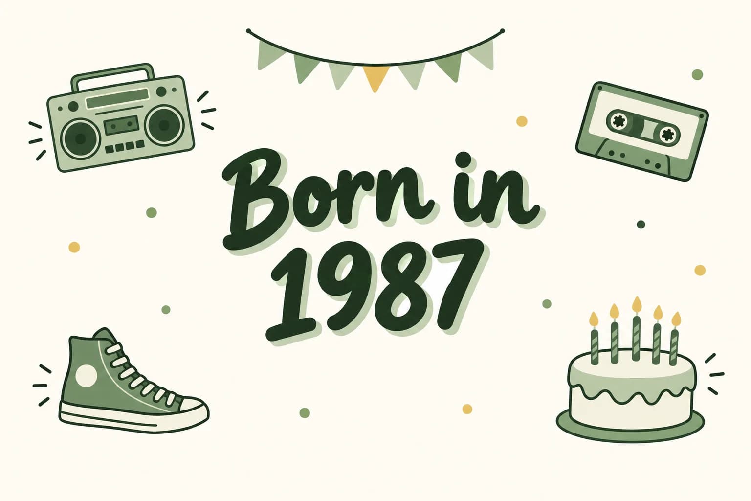 Born in 1987 lettered in dark green among cartoon icons of a boombox, a cassette tape, a high-top sneaker and a birthday cake