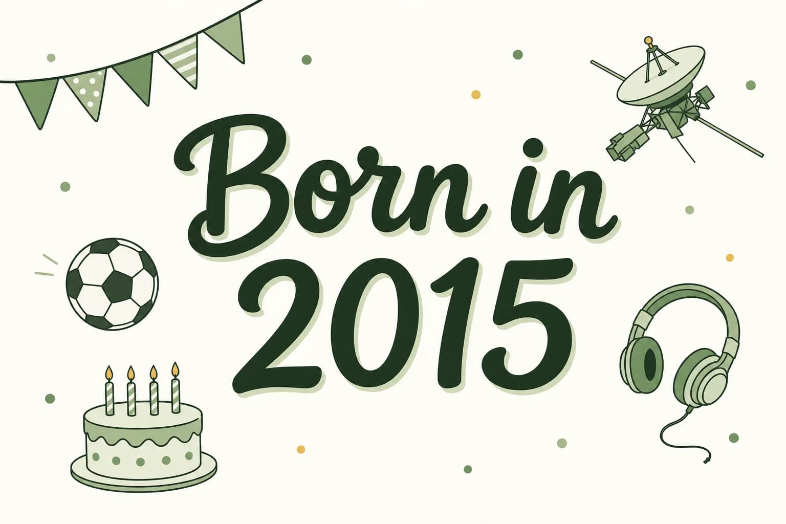 Born in 2015 lettered in dark green among cartoon icons of a space probe, a soccer ball, a pair of headphones and a birthday cake