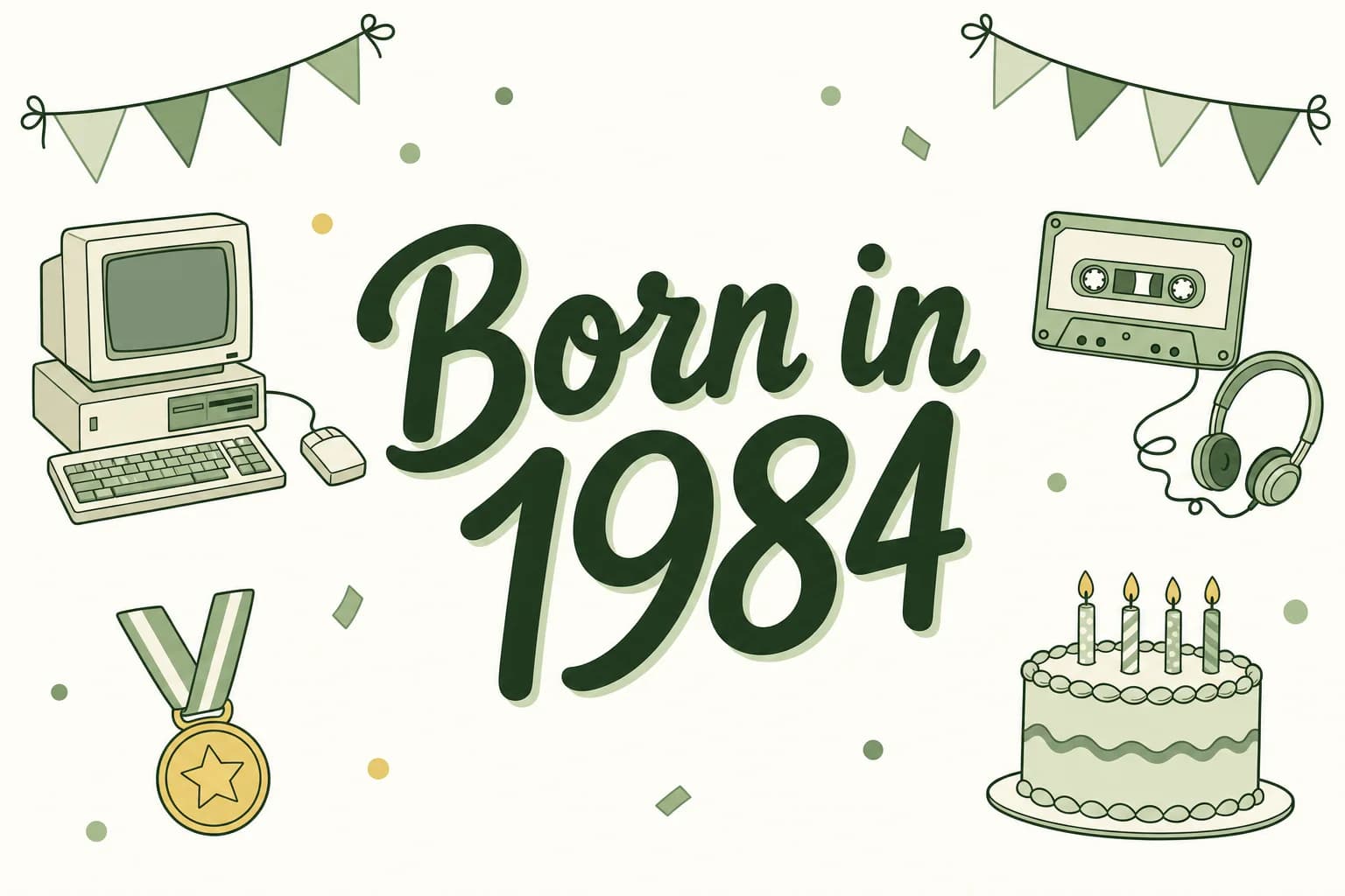 Born in 1984 lettered in dark green among cartoon icons of a desktop computer with a mouse, a cassette tape with headphones, a winner's medal on a ribbon and a birthday cake