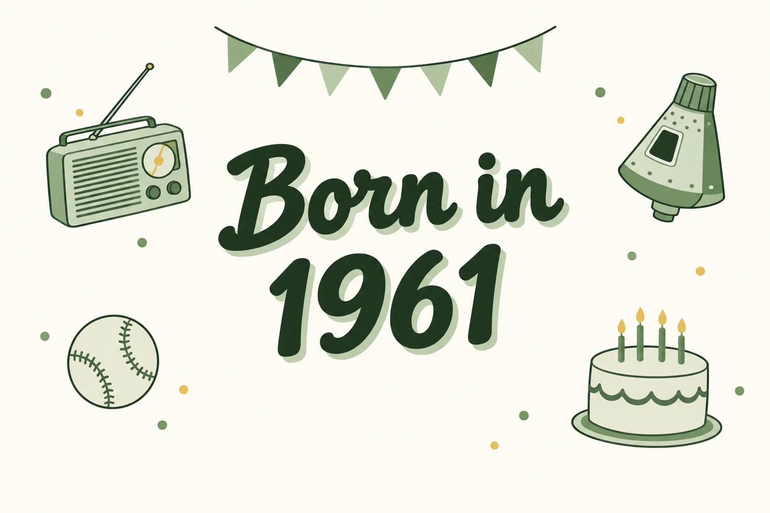 Born in 1961 lettered in dark green among cartoon icons of a transistor radio, a space capsule, a baseball and a birthday cake