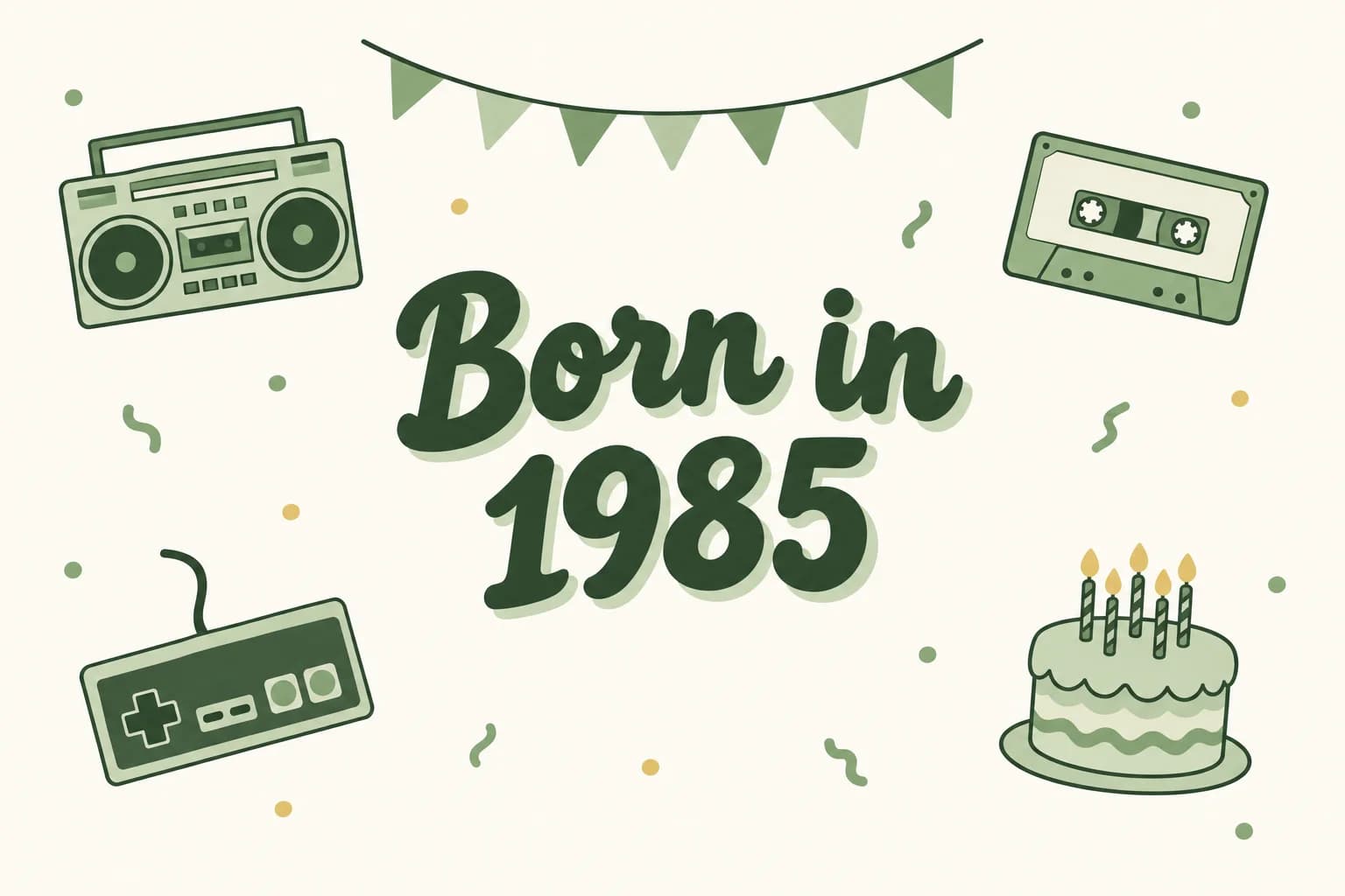 Born in 1985 lettered in dark green among cartoon icons of a boom box, a cassette tape, a game controller and a birthday cake