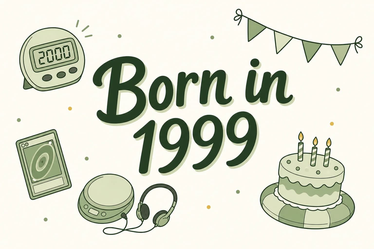 Born in 1999 lettered in dark green among cartoon icons of a countdown clock showing 2000, a trading card, a portable CD player with headphones and a birthday cake