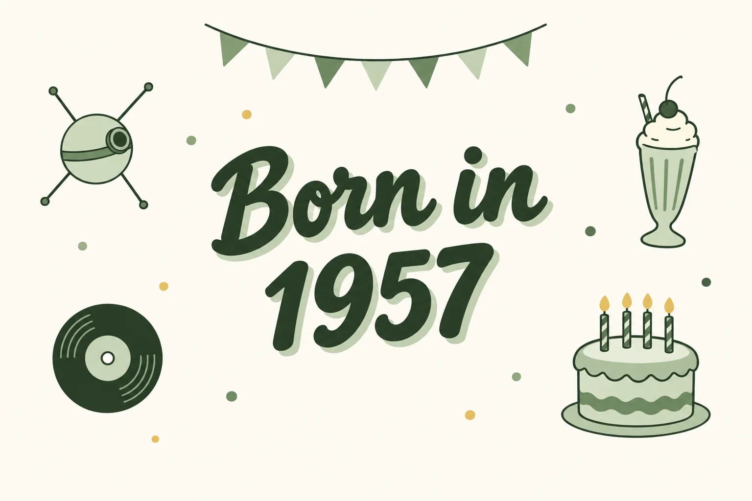 Born in 1957 lettered in dark green among cartoon icons of a small round satellite, a 45 rpm record, a milkshake and a birthday cake