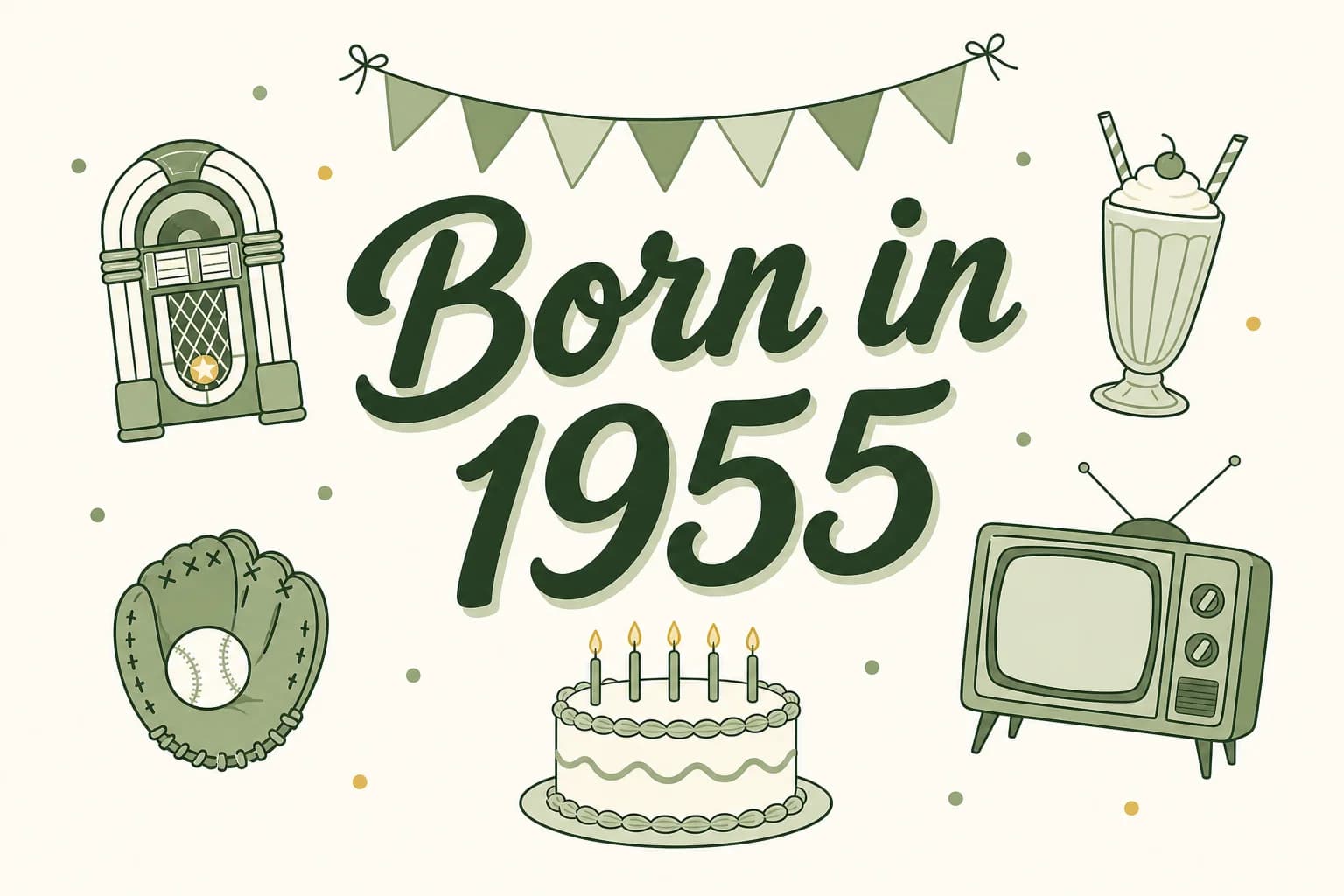 Born in 1955 lettered in dark green among cartoon icons of a jukebox, a milkshake with two straws, a baseball glove with a ball, a tube television and a birthday cake
