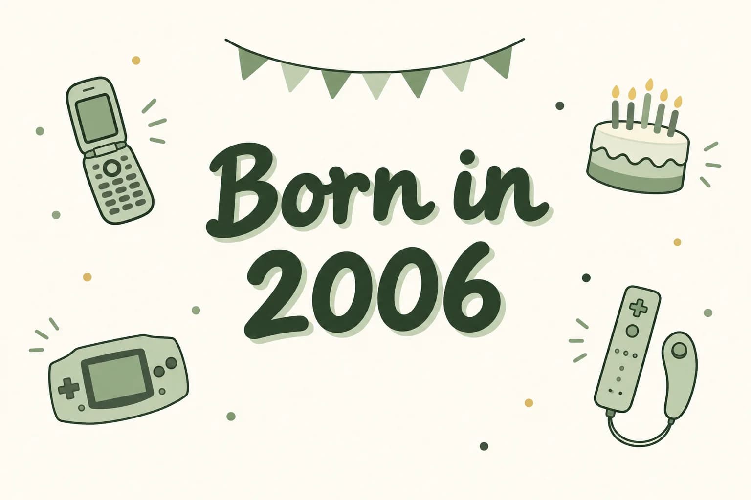 Born in 2006 lettered in dark green among cartoon icons of a flip phone, a handheld game system, a motion-controller game console and a birthday cake