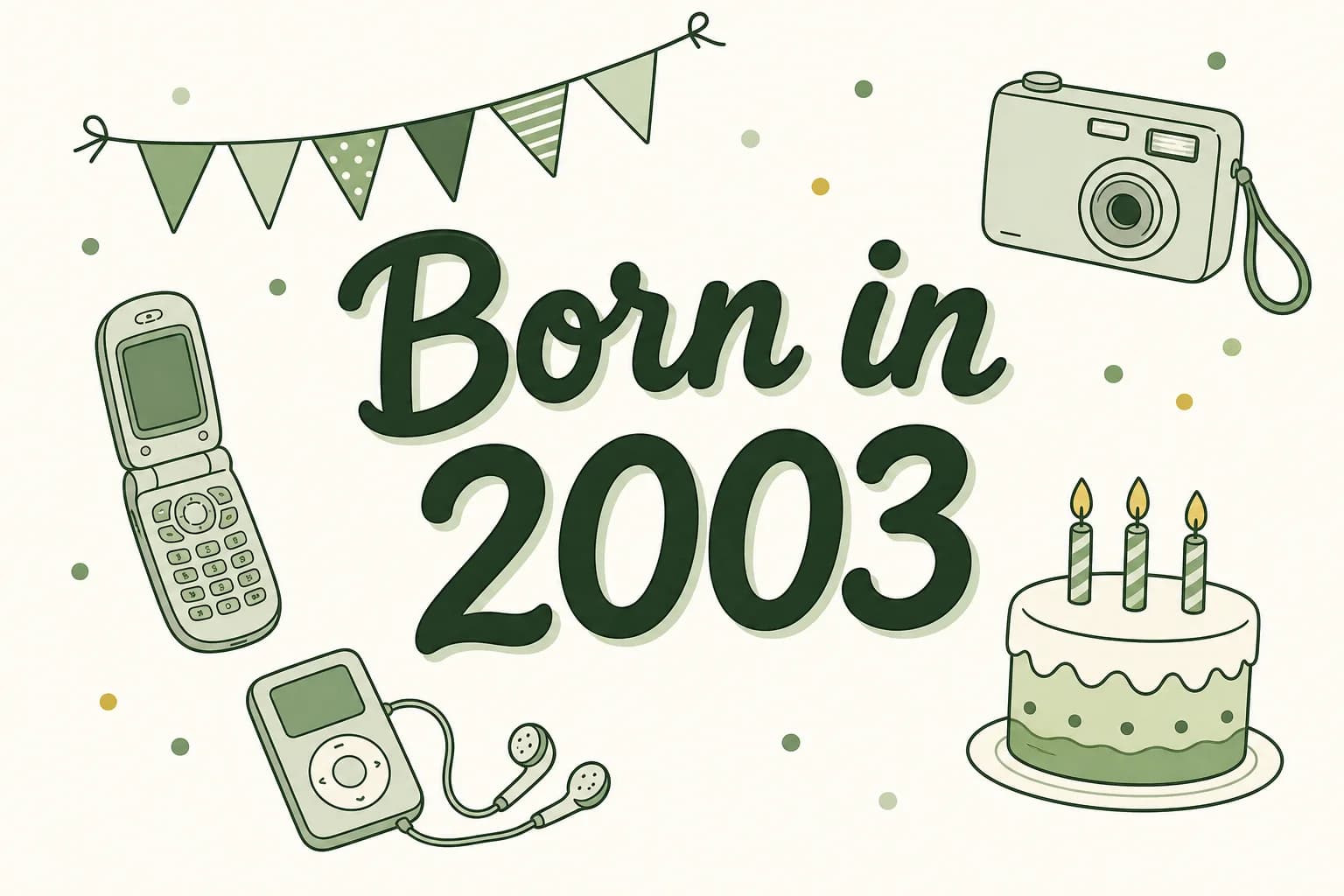 Born in 2003 lettered in dark green among cartoon icons of a flip phone, a music player with earbuds, a digital camera and a birthday cake