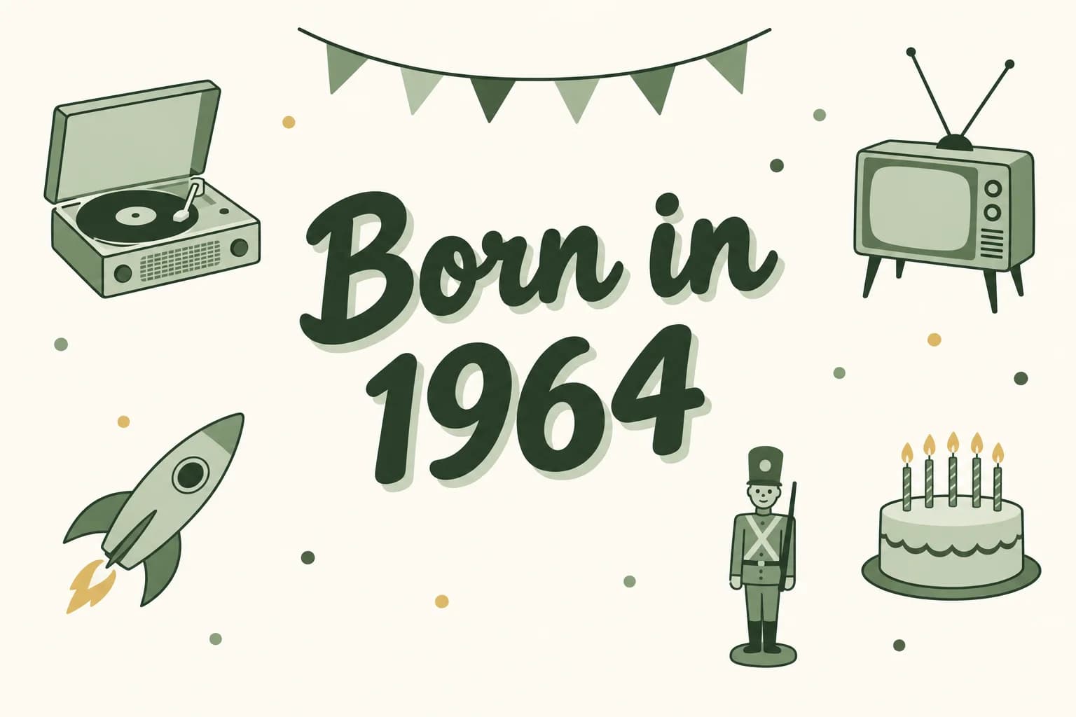 Born in 1964 lettered among cartoon icons of a record player, a television with rabbit-ear antennas, a small spacecraft, a toy soldier figure and a birthday cake