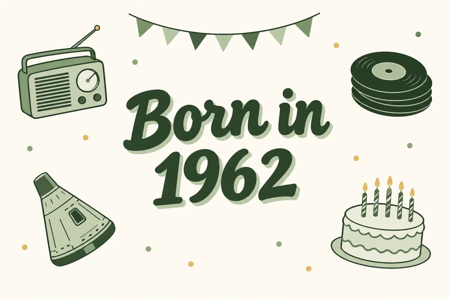 Born in 1962 in bold lettering among cartoon icons of a transistor radio, a stack of 45 rpm records, a space capsule and a birthday cake
