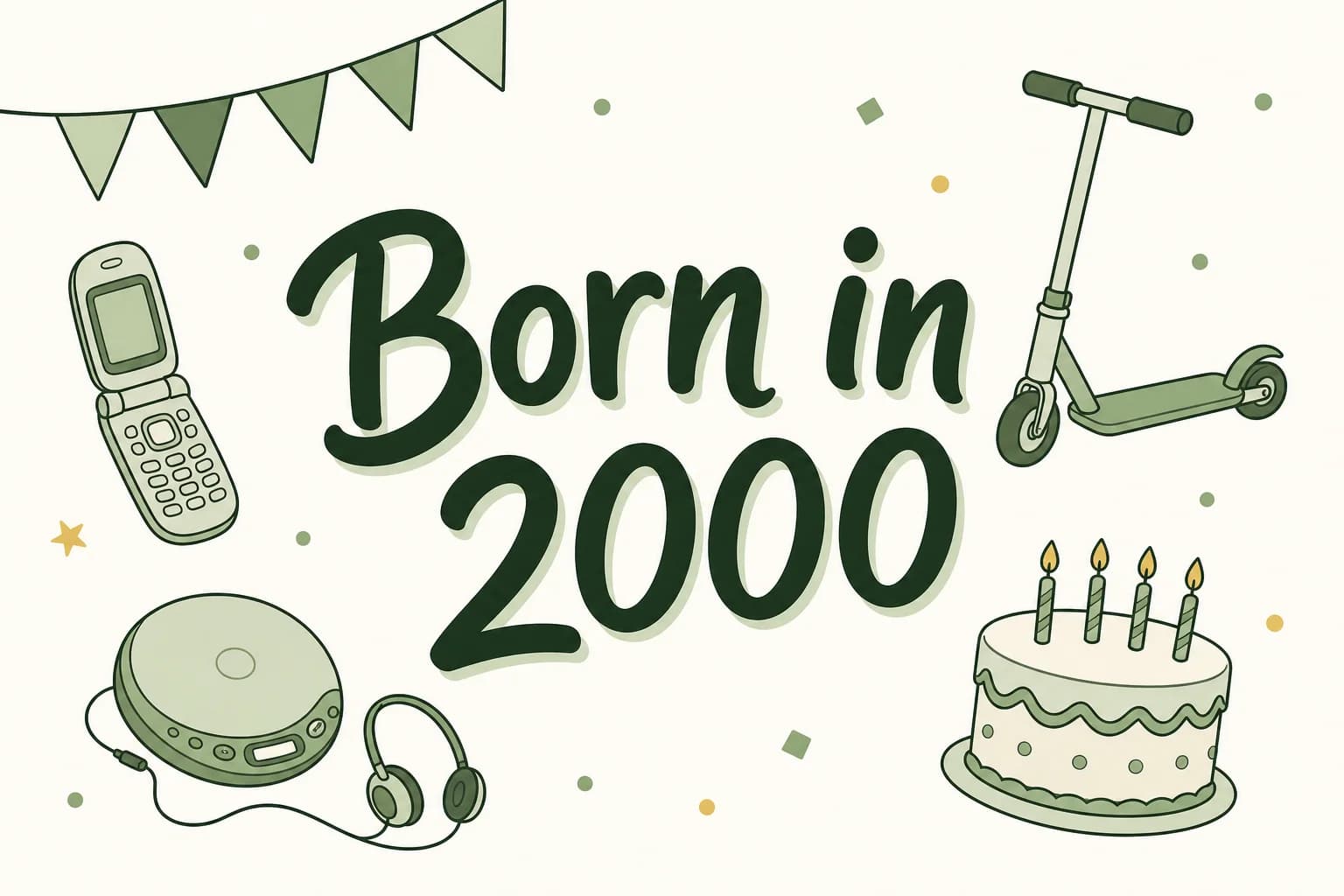 Born in 2000 lettered among cartoon icons of a flip phone, a portable CD player with headphones, a foot scooter and a birthday cake