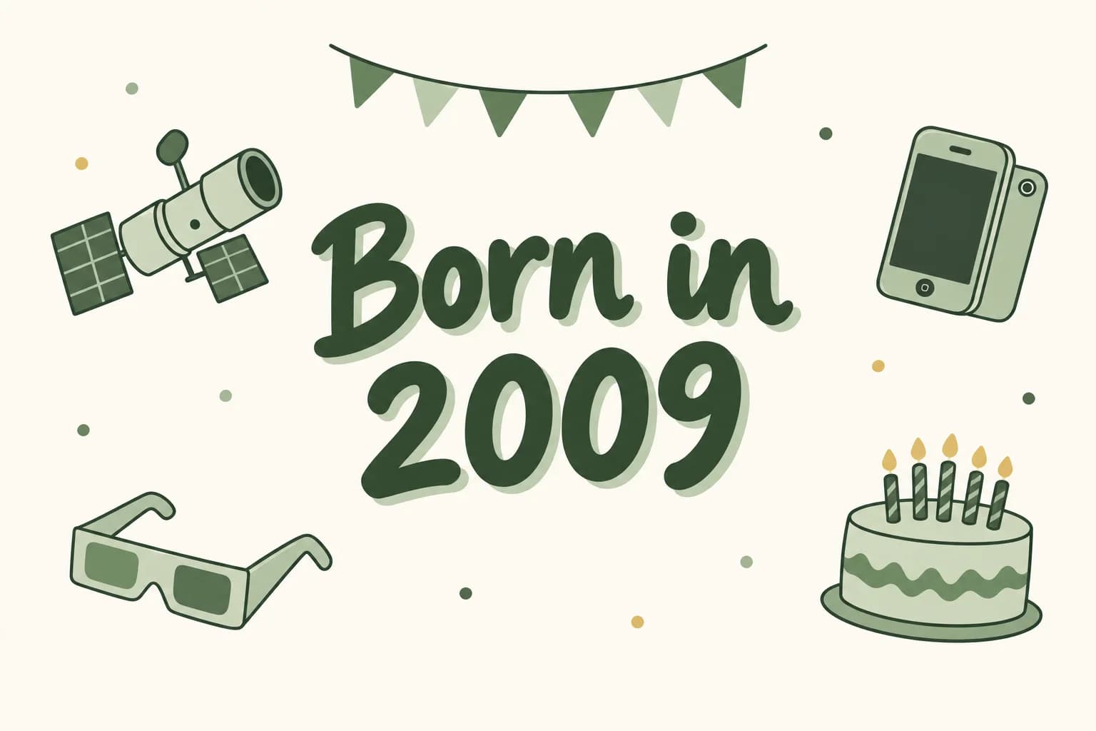 Born in 2009 lettered in dark green among cartoon icons of a space telescope, a smartphone with a camera, a pair of 3-D glasses and a birthday cake