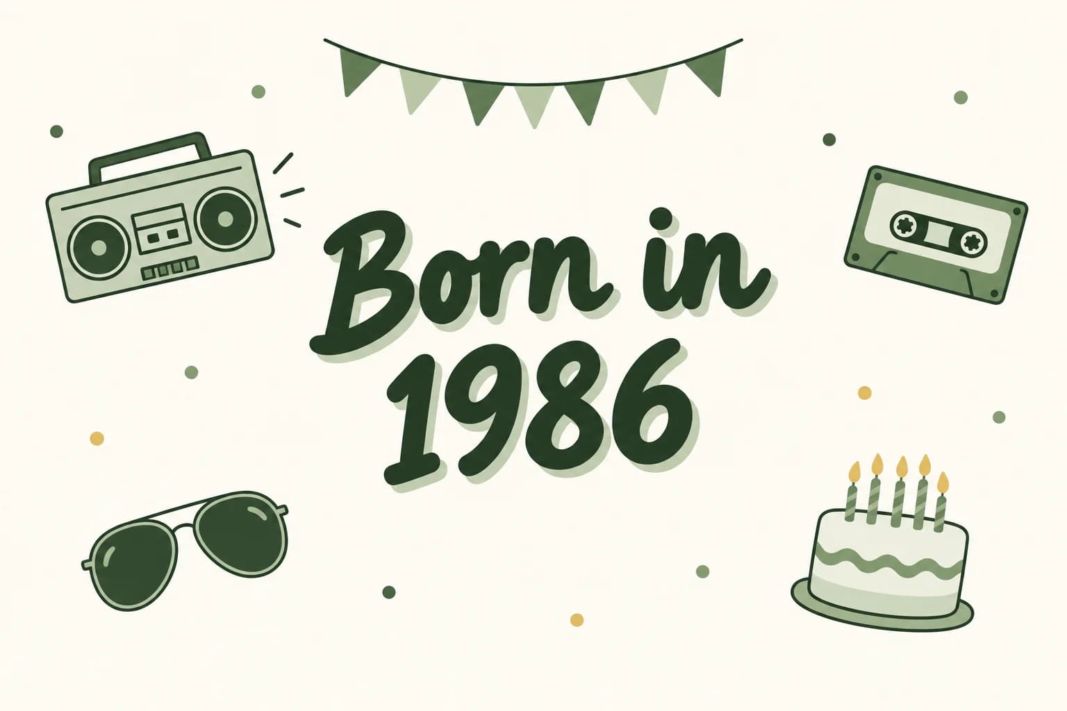 Born in 1986 lettered in dark green among cartoon icons of a boom box, a cassette tape, aviator sunglasses and a birthday cake