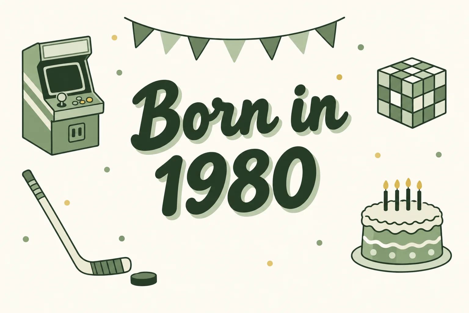 Born in 1980 lettered in dark green among cartoon icons of an arcade cabinet, a puzzle cube, an ice hockey stick and puck, and a birthday cake