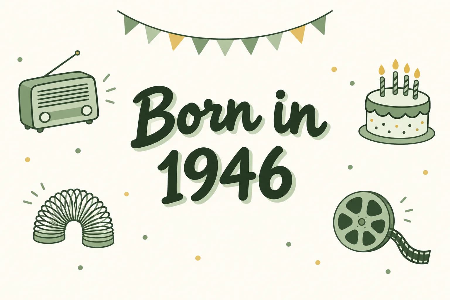 Born in 1946 lettered in dark green among cartoon icons of a tabletop radio, a Slinky spring, a film reel and a birthday cake