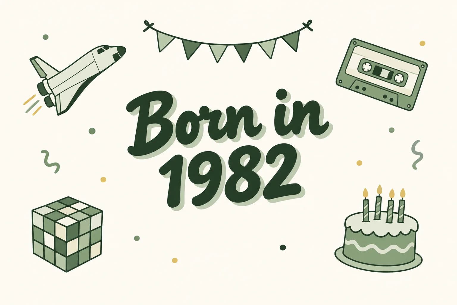 Born in 1982 lettered in dark green among cartoon icons of a space shuttle, a cassette tape, a puzzle cube and a birthday cake