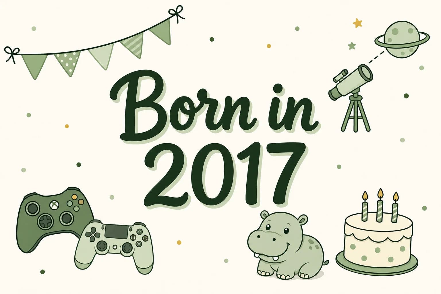 Born in 2017 lettered in dark green among cartoon icons of a pair of game controllers, a telescope, a baby hippo and a birthday cake