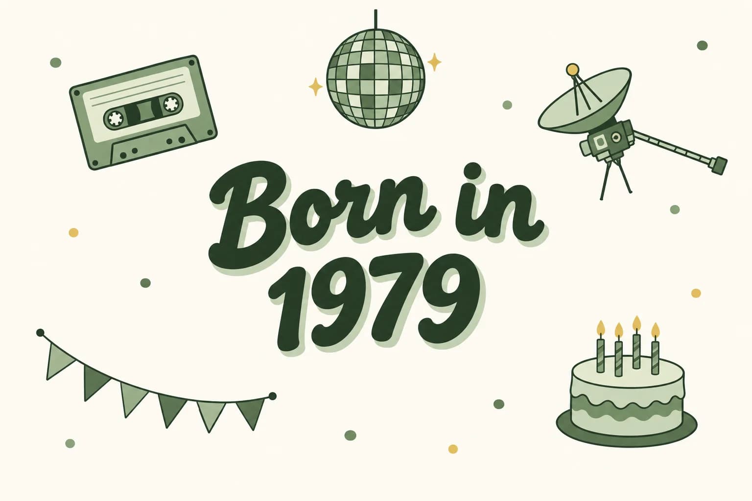 Born in 1979 lettered in dark green among cartoon icons of a cassette tape, a disco ball, a space probe with a dish antenna and a birthday cake
