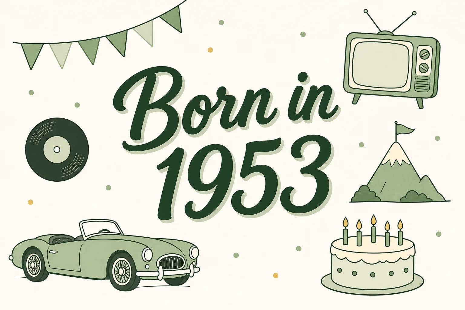 Born in 1953 lettered in dark green among cartoon icons of a tube television, a 45 rpm record, a mountain peak with a flag, a two-seat roadster and a birthday cake