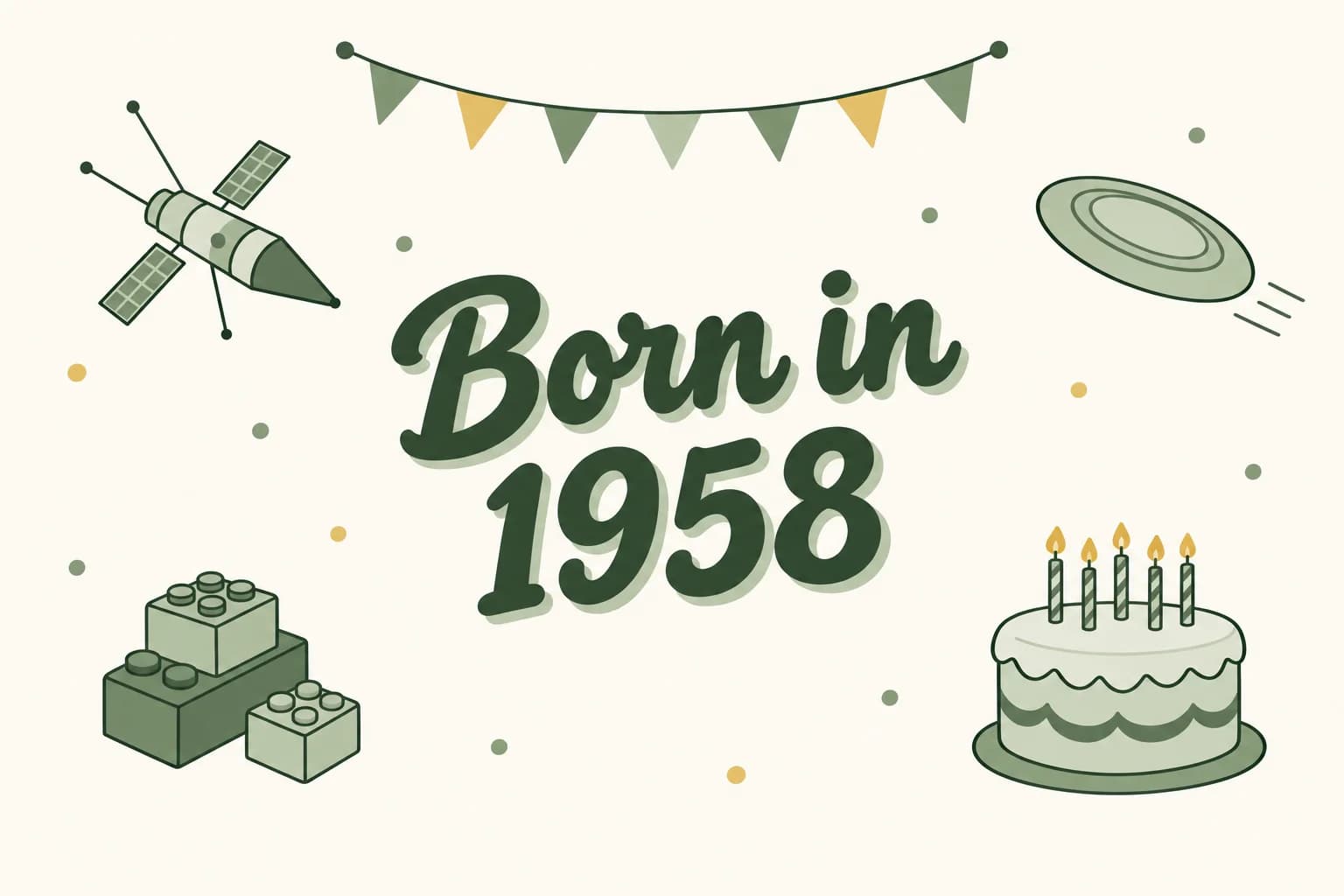 Born in 1958 in bold lettering among cartoon icons of a slim satellite, a flying disc, a stack of toy bricks and a birthday cake