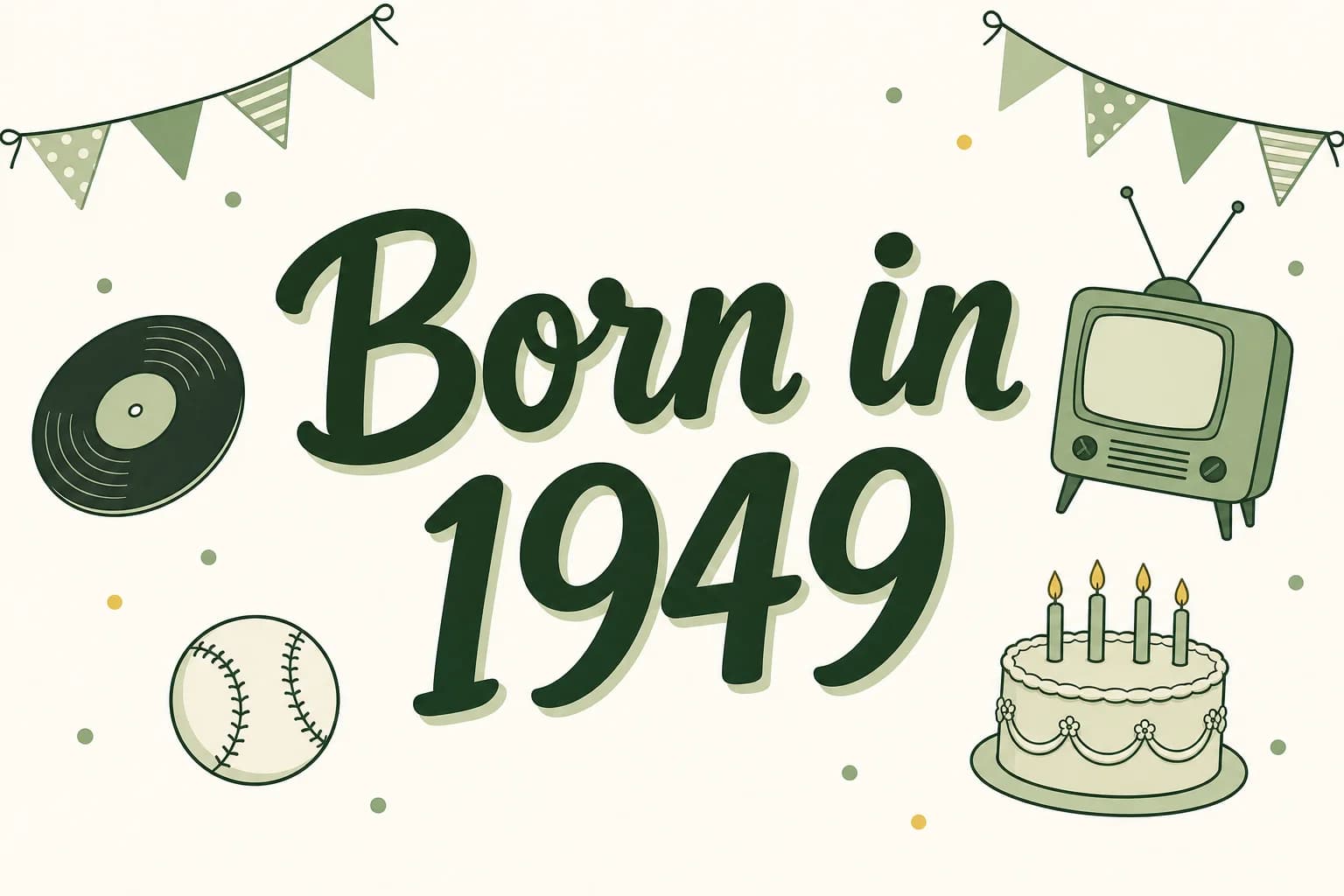 Born in 1949 lettered in dark green among cartoon icons of a vinyl record, a small television set, a baseball and a birthday cake
