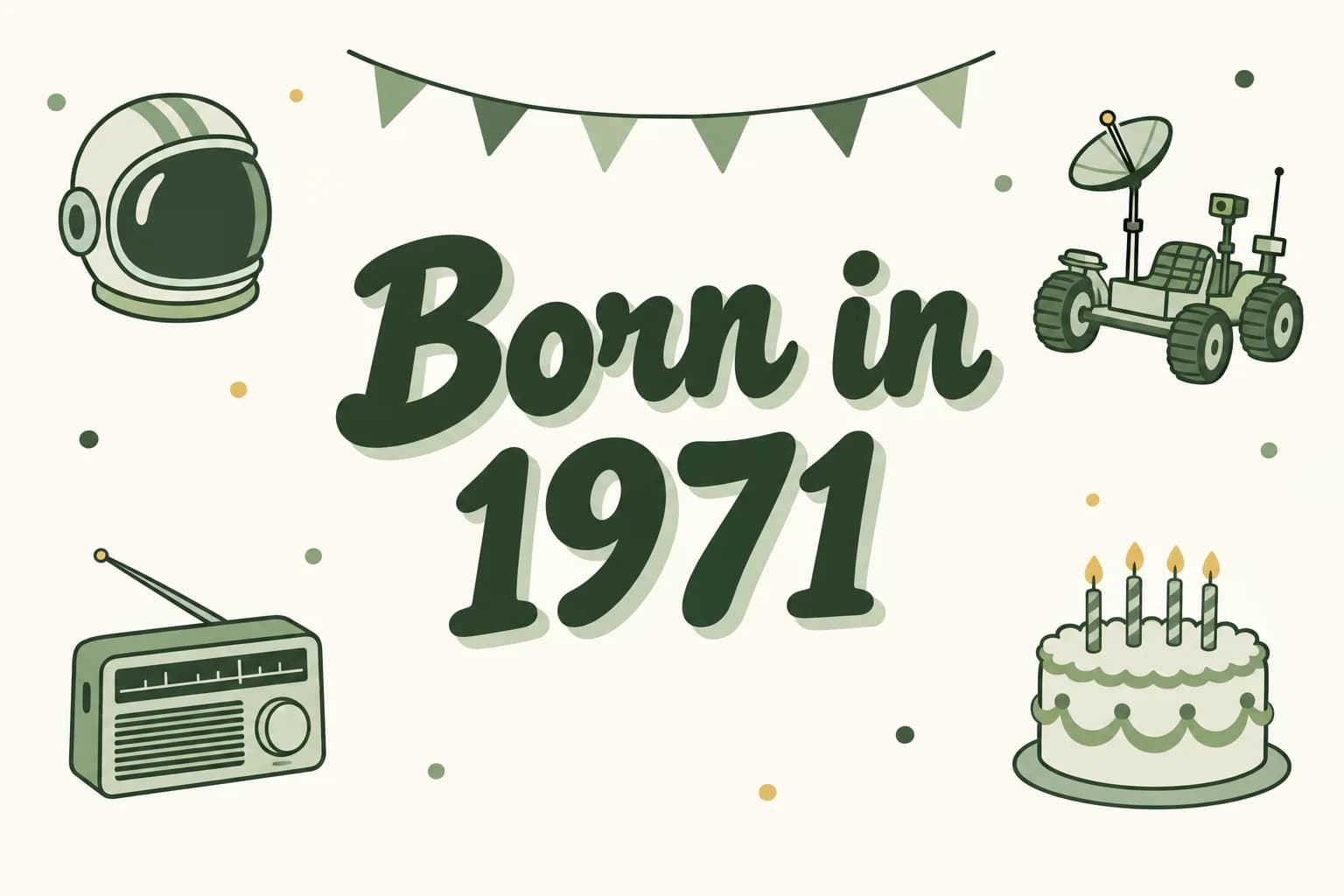 Born in 1971 lettered in dark green among cartoon icons of an astronaut helmet, a lunar rover, a transistor radio and a birthday cake