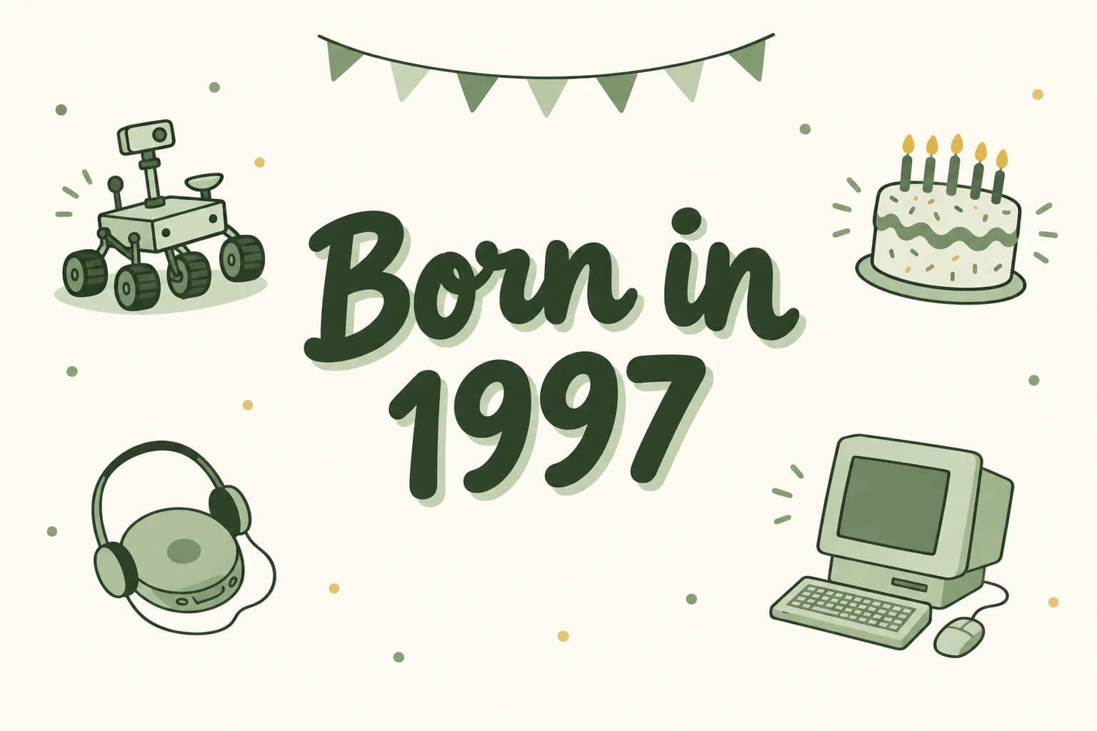 Born in 1997 lettered in dark green among cartoon icons of a small Mars rover, a portable CD player with headphones, a chunky desktop computer and a birthday cake