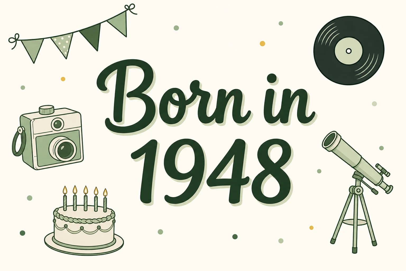 Born in 1948 lettered in dark green among cartoon icons of a vinyl record, an instant camera, a telescope and a birthday cake