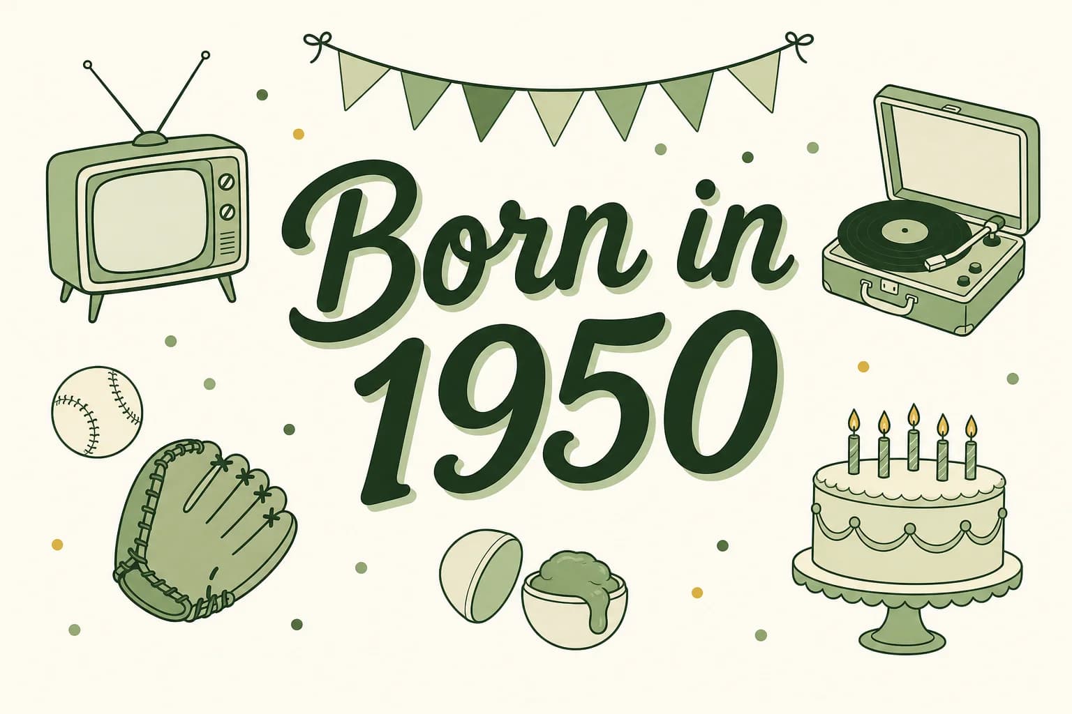 Born in 1950 lettered in dark green among cartoon icons of a tube television with rabbit-ear antenna, a record player with a thick record, a baseball and glove, a plastic egg of stretchy putty and a birthday cake