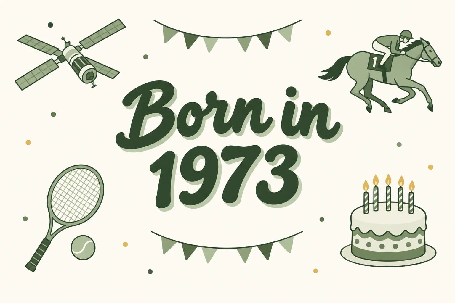 Born in 1973 lettered in dark green among cartoon icons of a space station, a racehorse, a tennis racket and a birthday cake