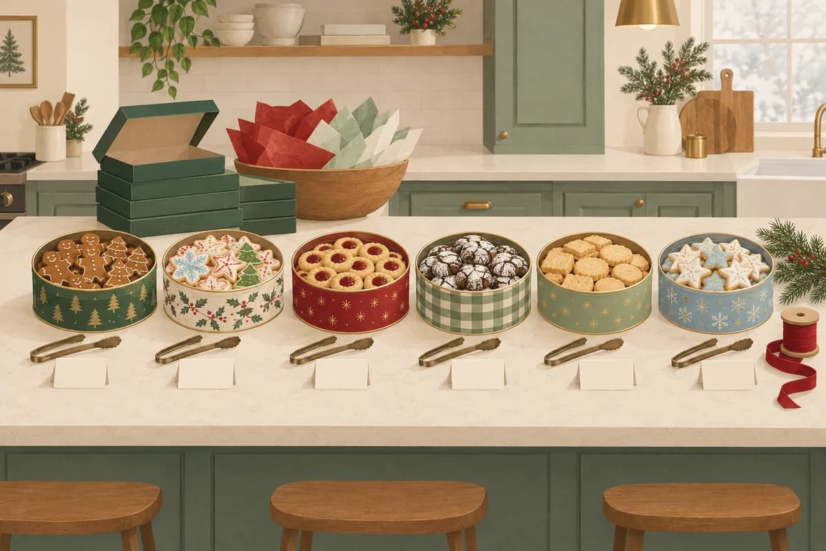 Six tins of homemade holiday cookies in a row on a kitchen island, each with tongs and a blank card, next to empty boxes for guests to fill.