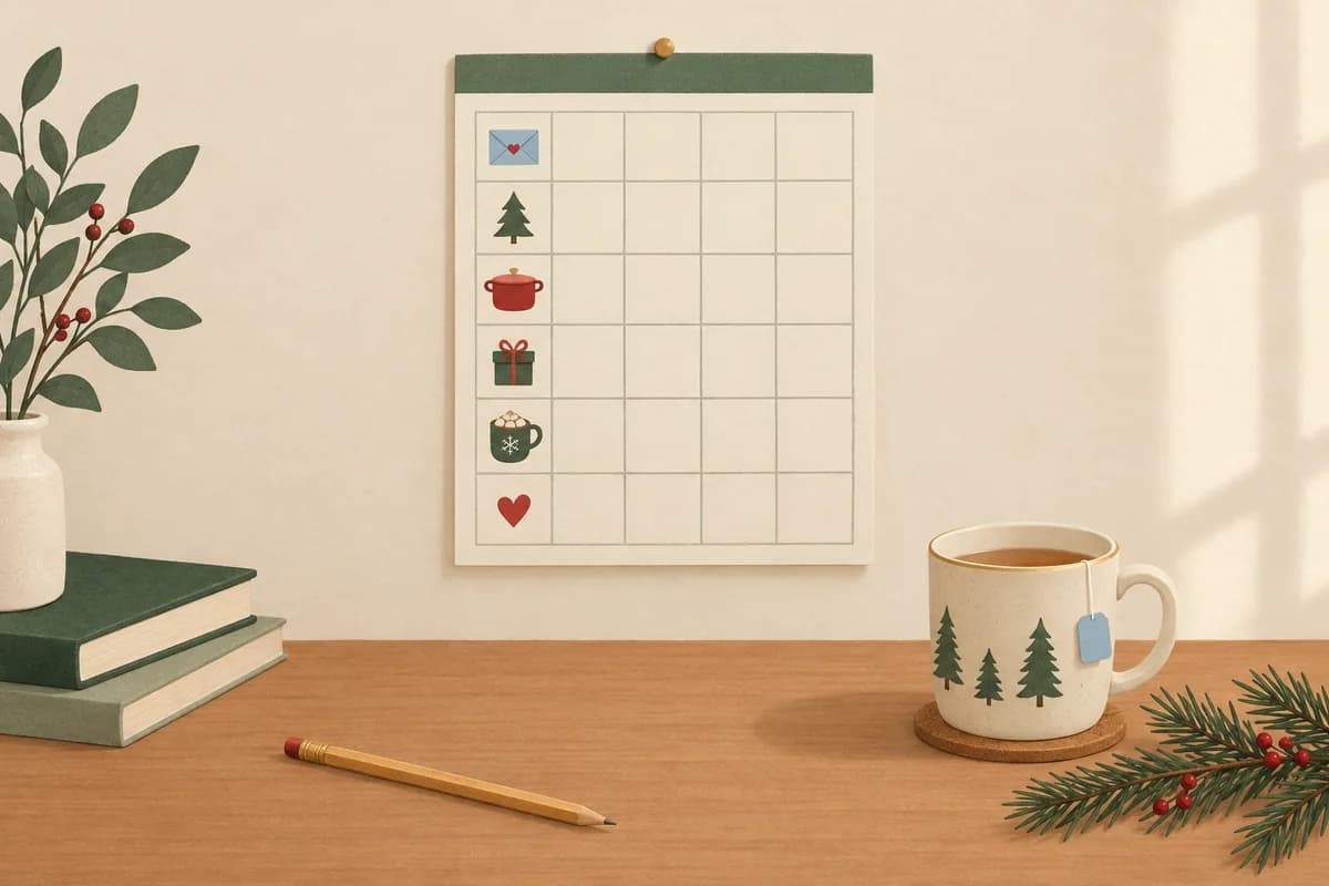 A paper wall calendar pinned above a desk, with six rows of blank squares. A small icon starts each row, beginning with an envelope at the top and ending with a red heart at the bottom.