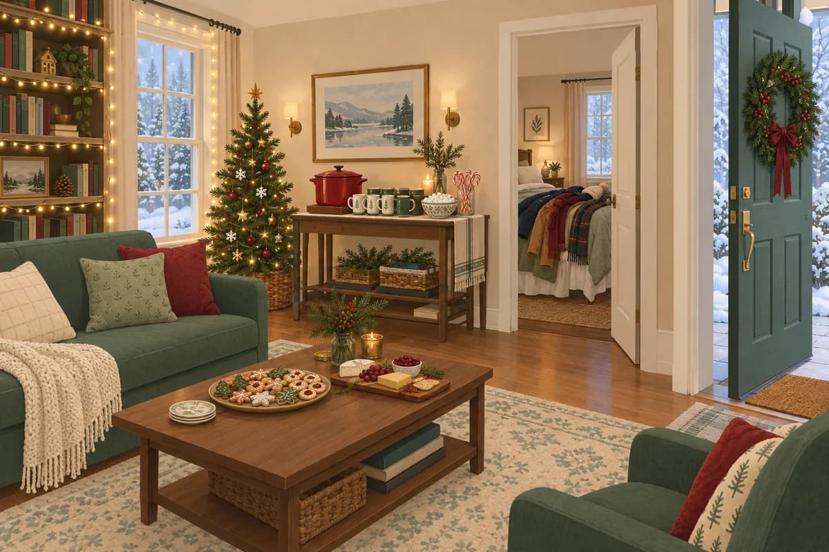 A living room set for a holiday open house: a hot cocoa station with mugs and candy canes, a coffee table with cookies and a cheese board, and guests' coats piled on a bed in the next room. A wreath hangs on the open front door.