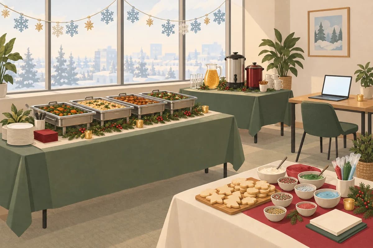 An office room decorated with paper snowflakes for a holiday lunch. A buffet of warm trays and a drinks table with cider, coffee and cocoa sit near a cookie decorating station, and an open laptop waits on a desk for remote teammates.