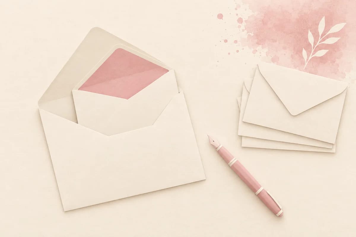 A large blank outer envelope with a smaller pink-lined inner envelope sliding out of it, beside a fountain pen and a stack of blank envelopes.