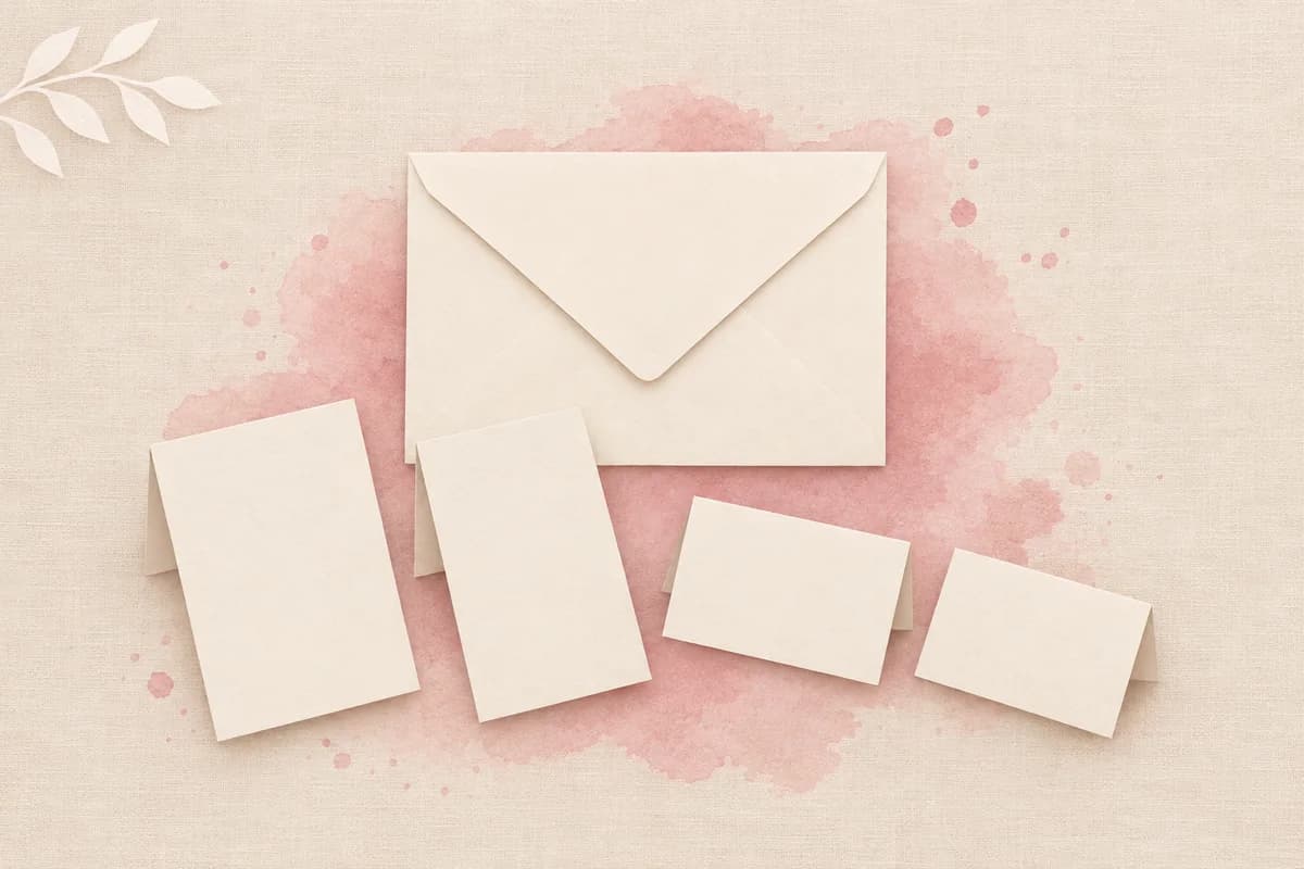 One blank envelope on a pink watercolor wash, with four blank place cards fanned in front of it, two tall and two short.