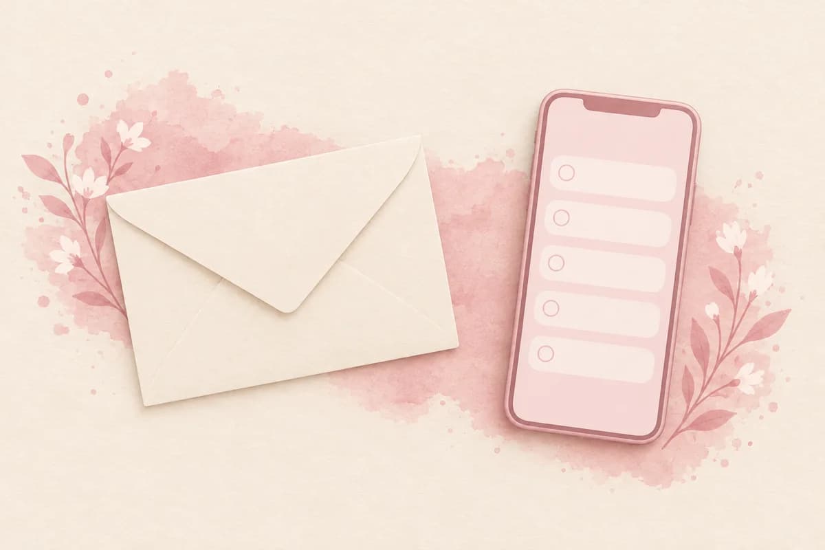 A blank paper envelope beside a smartphone whose pink screen shows five empty list rows, joined by a pink watercolor wash.
