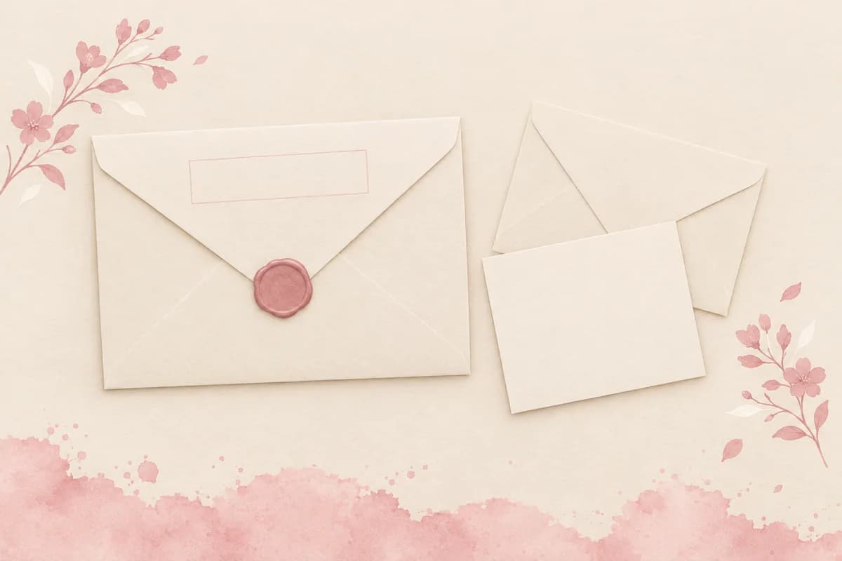 The back of a blank envelope sealed with a pink wax seal, with an empty outlined space on the flap, next to a blank reply card and its envelope, framed by small pink blossom sprigs.