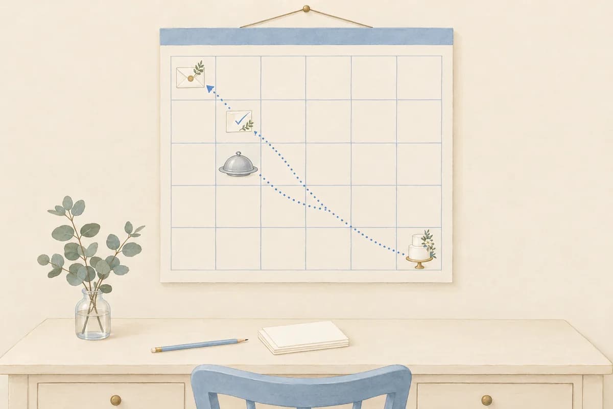 A blank wall calendar above a desk: a sealed envelope in the first week, a ticked reply card, a covered serving dish and a small wedding cake in the last week, with dotted lines running back from the cake to the envelope.