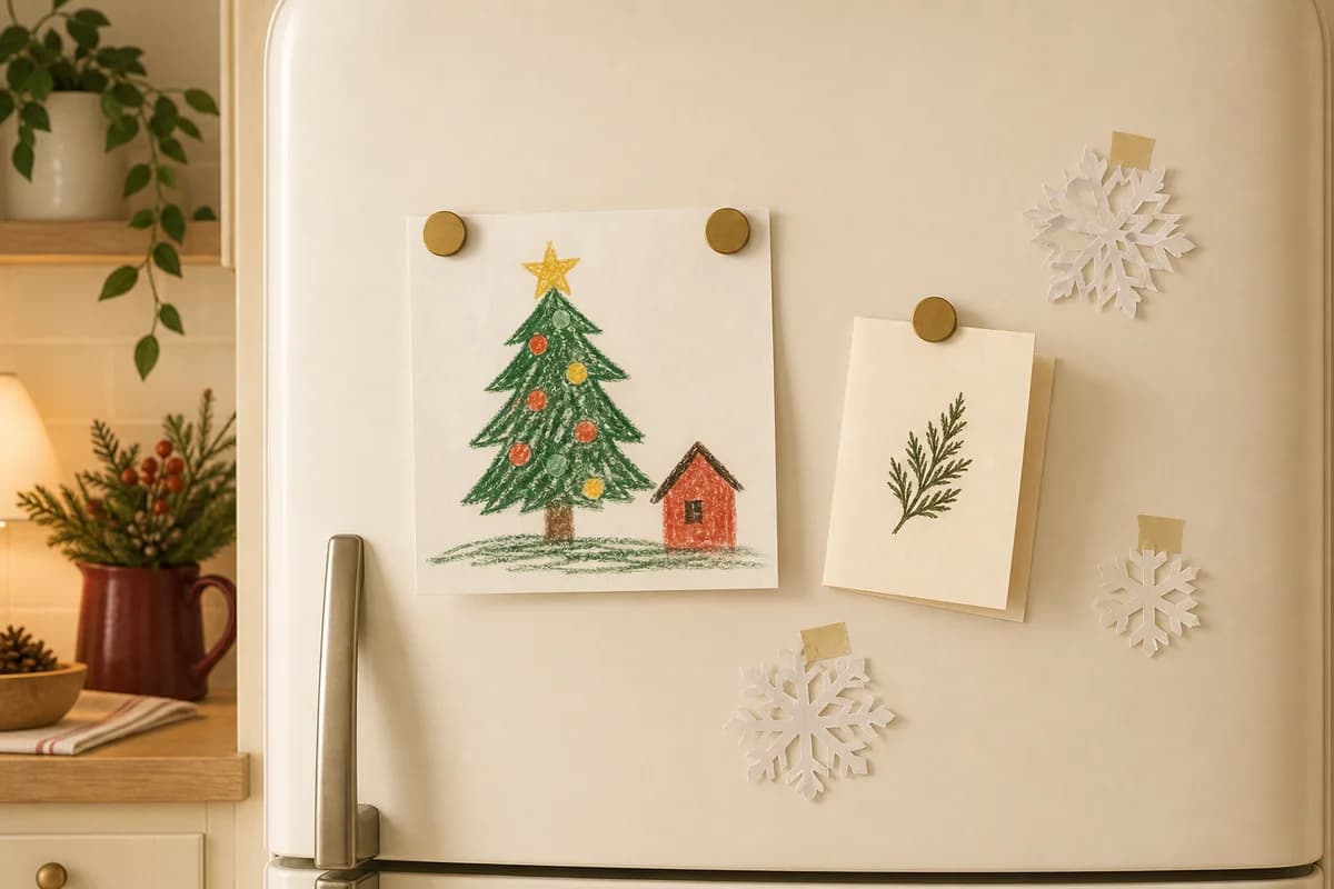 A refrigerator door with a child's crayon drawing of a tree and a star, and a folded cream greeting card beside it, held by magnets.