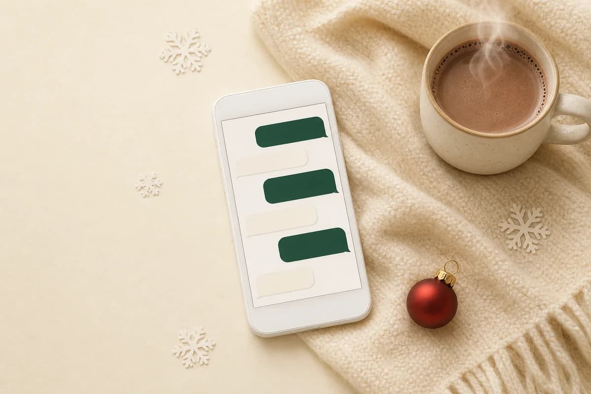 A phone with a column of blank message bubbles on a cream blanket, with snowflake shapes, a red bauble and a steaming mug beside it.