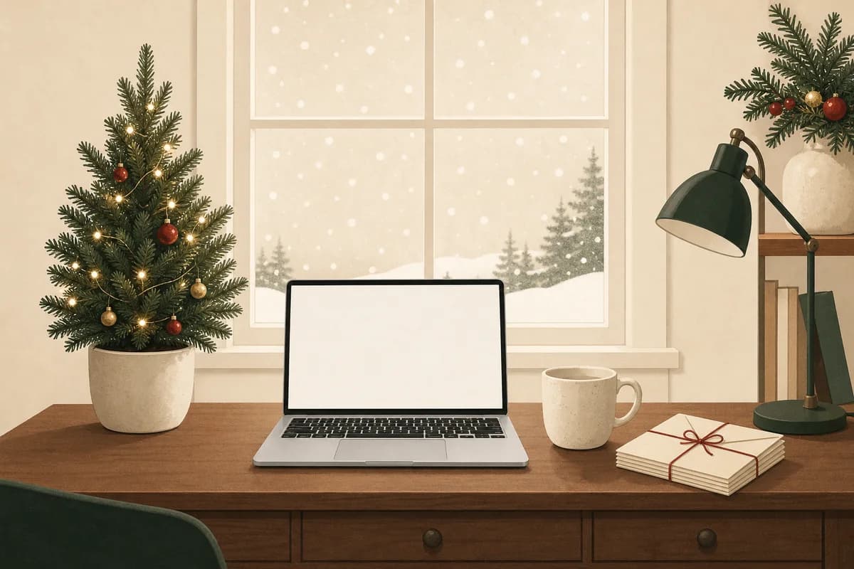 A wooden office desk with an open laptop, a tiny decorated evergreen tree, a mug and a stack of cream envelopes tied with string.