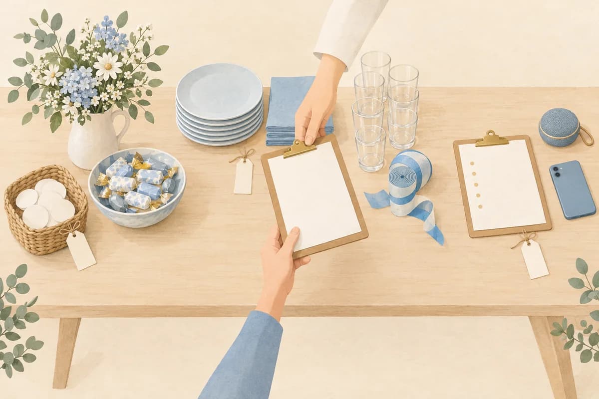 A party-prep table split into three zones for welcome, setup and a final check, each with a blank tag, while one hand passes a clipboard to another.