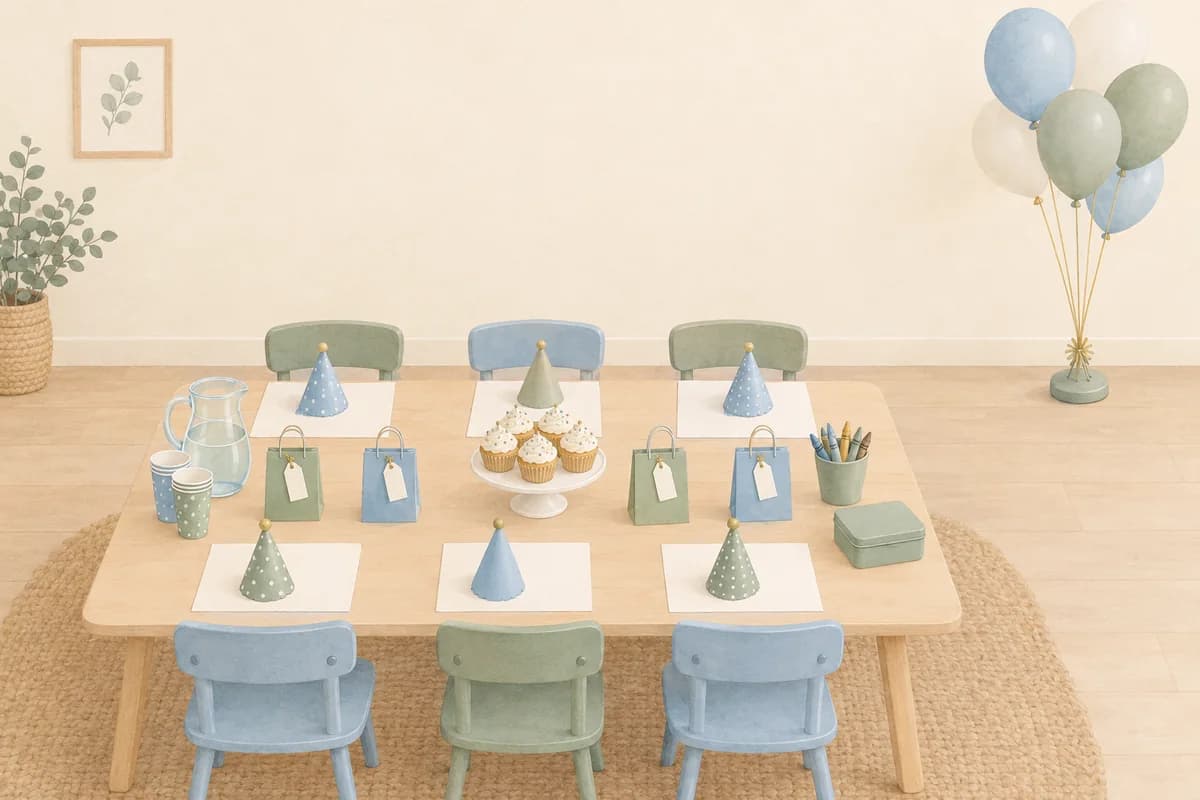 A low children's party table is set for six, with a paper hat at every place, goodie bags down the middle and a bunch of balloons floating high on a stand at the far end of the room.