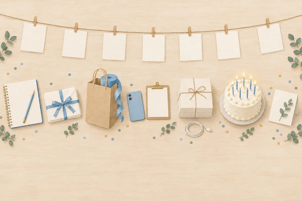 Blank cards hang on a length of twine above everyday party objects, from a notebook on the left to a lit birthday cake and a thank-you card on the right, like a timeline.