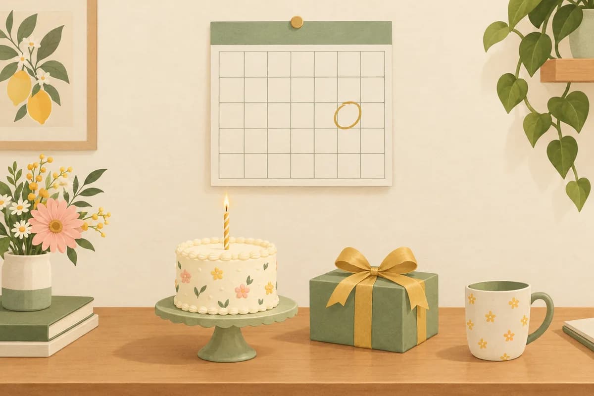 A paper wall calendar with one square circled in gold, a small birthday cake with a single candle on the desk below it.