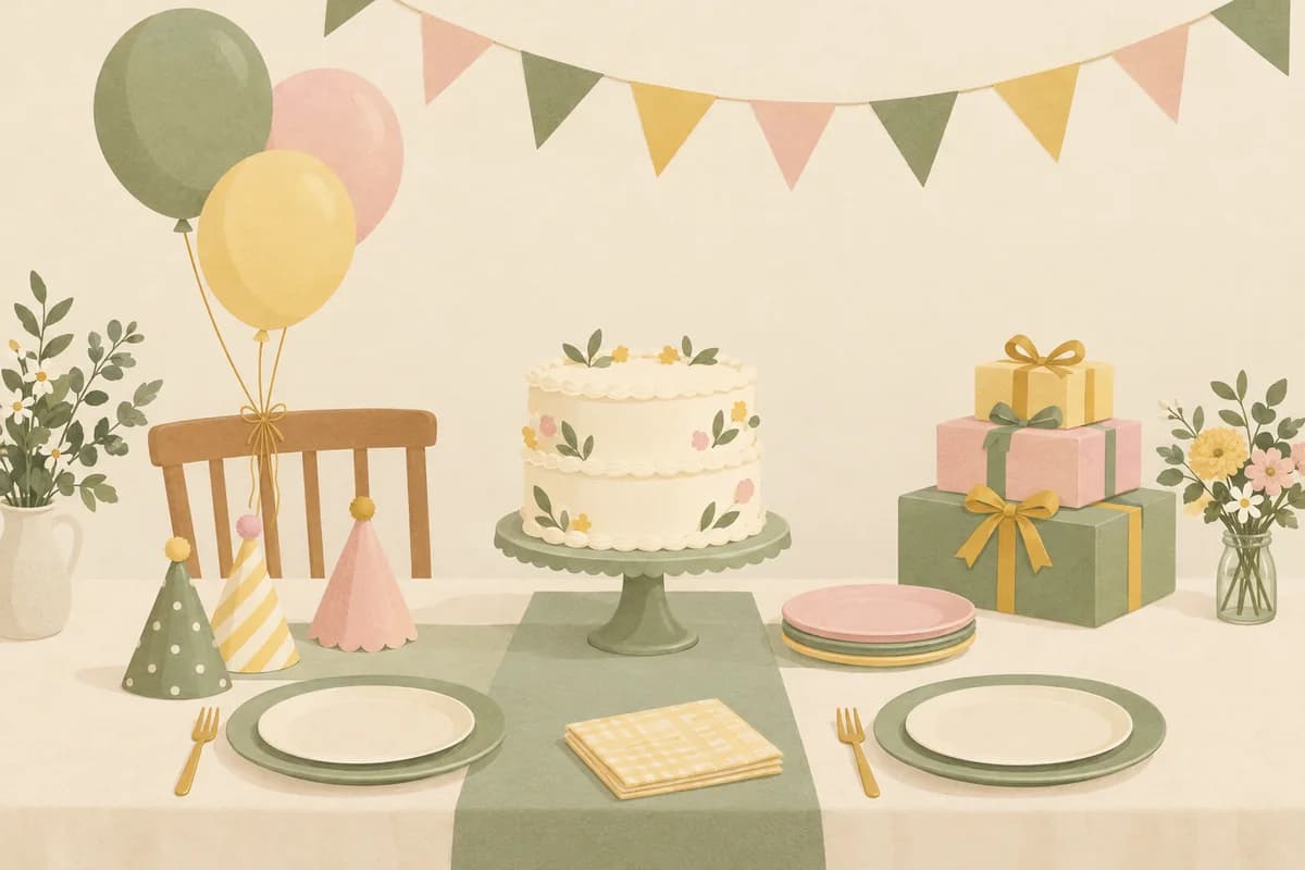 A birthday table set for a party, with a layer cake, paper party hats, a few balloons and a stack of wrapped presents.