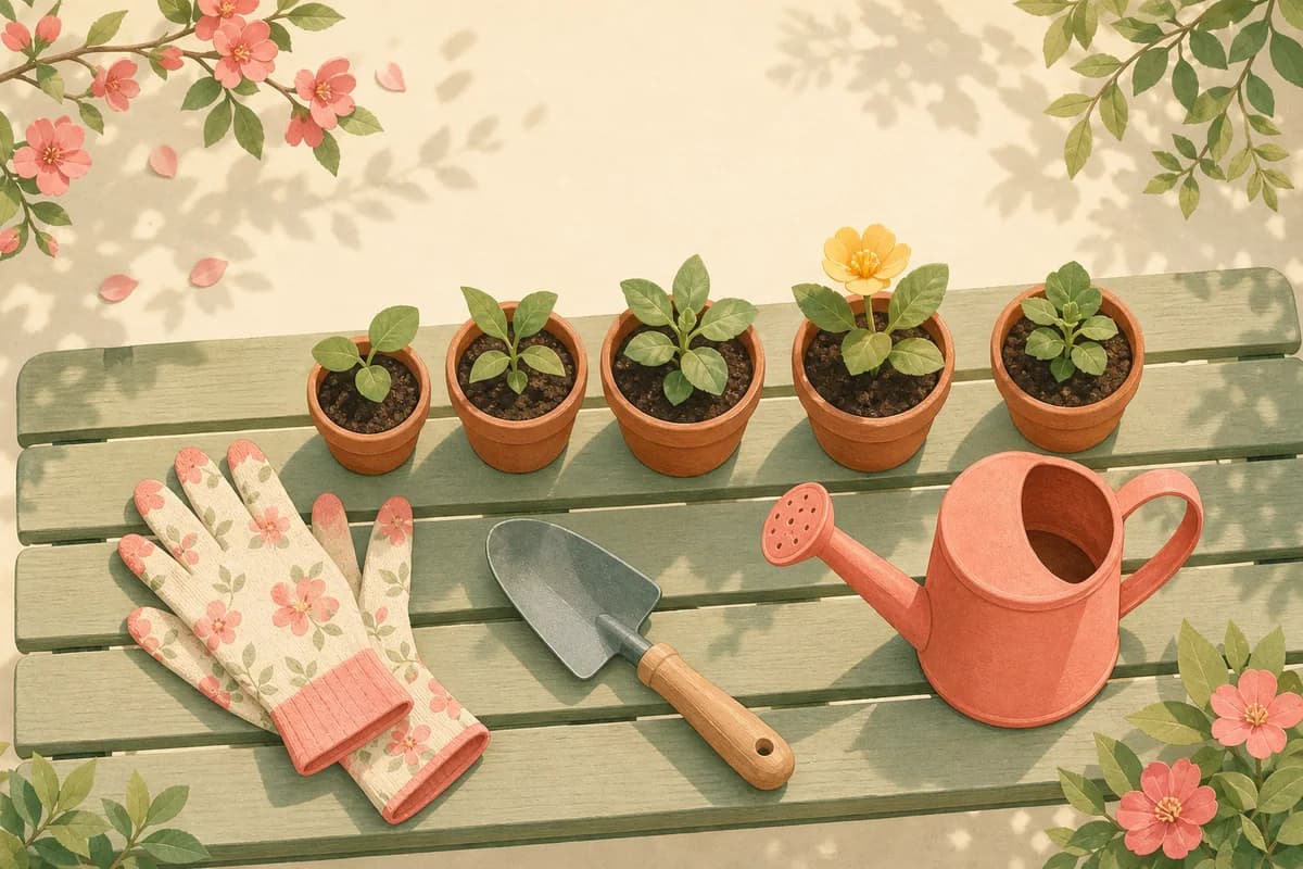Gardening gloves, a trowel, a watering can and young seedlings in clay pots on a garden bench.
