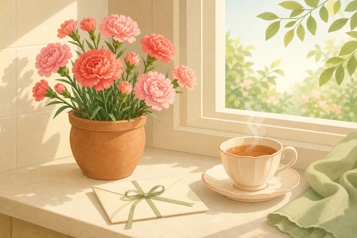 Pink carnations in a pot on a sunny windowsill beside a cup of tea and an envelope tied with ribbon.