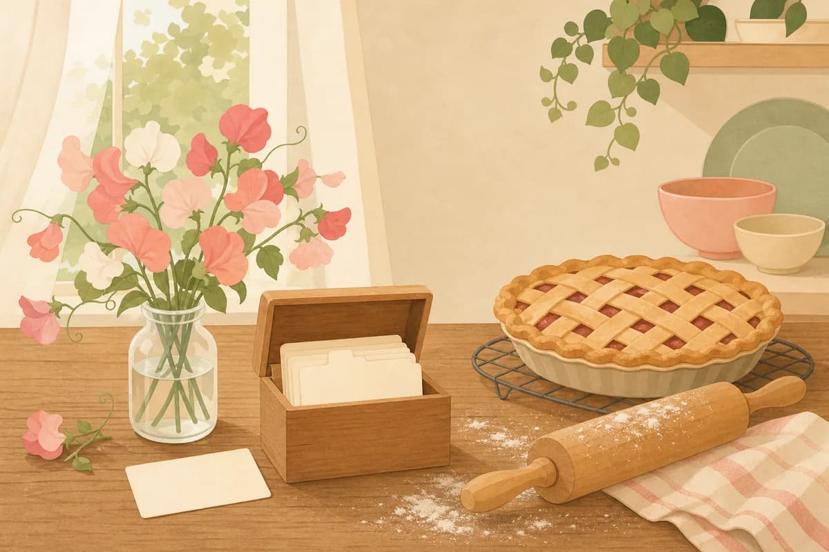 A kitchen table with a wooden recipe box, a floury rolling pin, a cooling pie and a small vase of flowers.