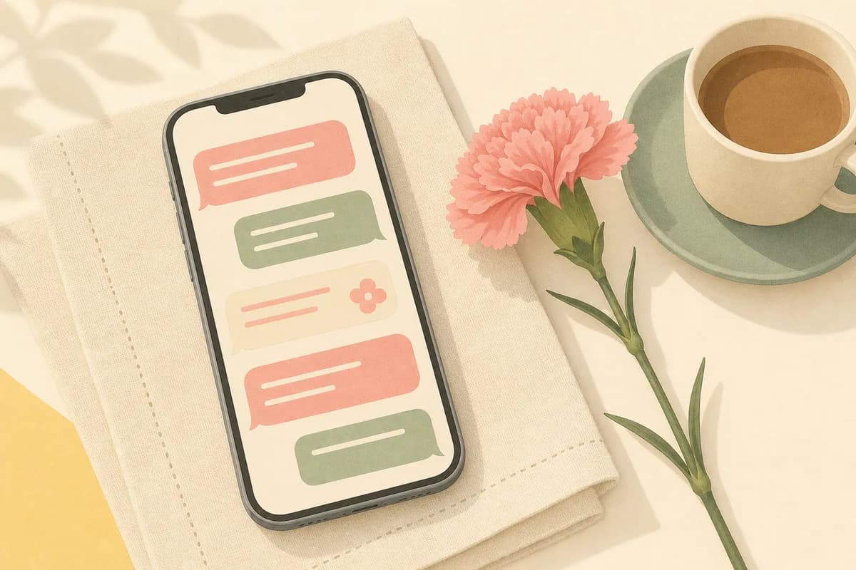 A phone on a linen napkin with blank message bubbles and a flower shape on the screen, next to a carnation.